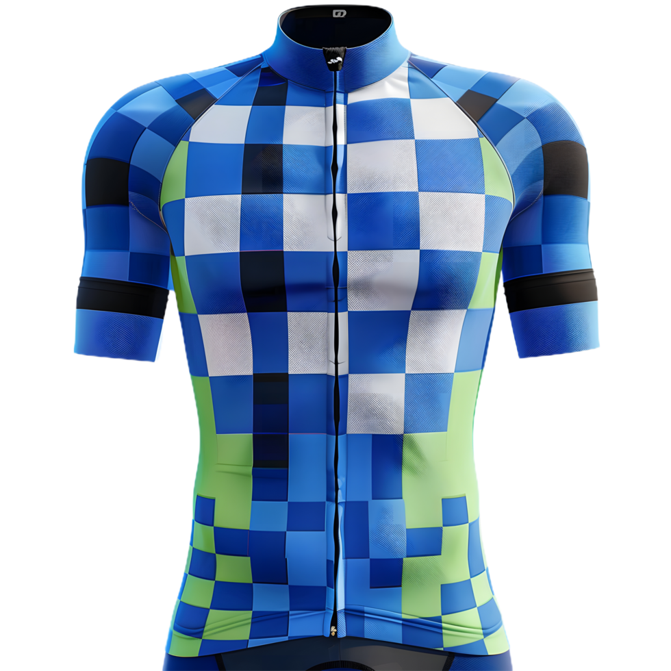 a blue and green cycling jersey with a checkered pattern png