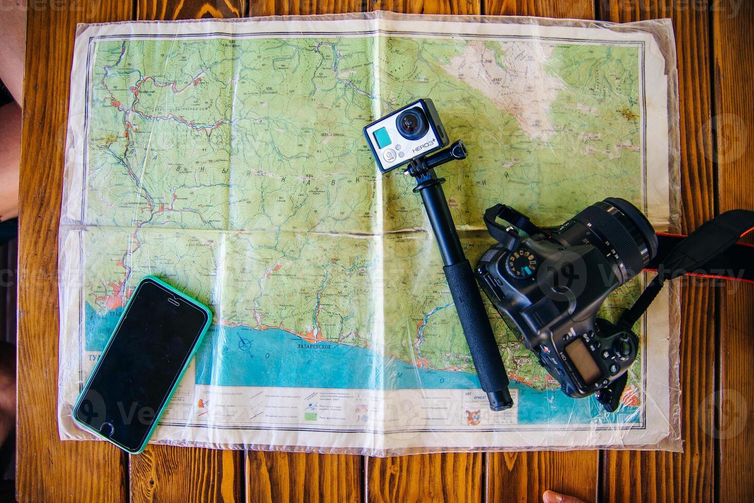 set of blogger and map on the table photo