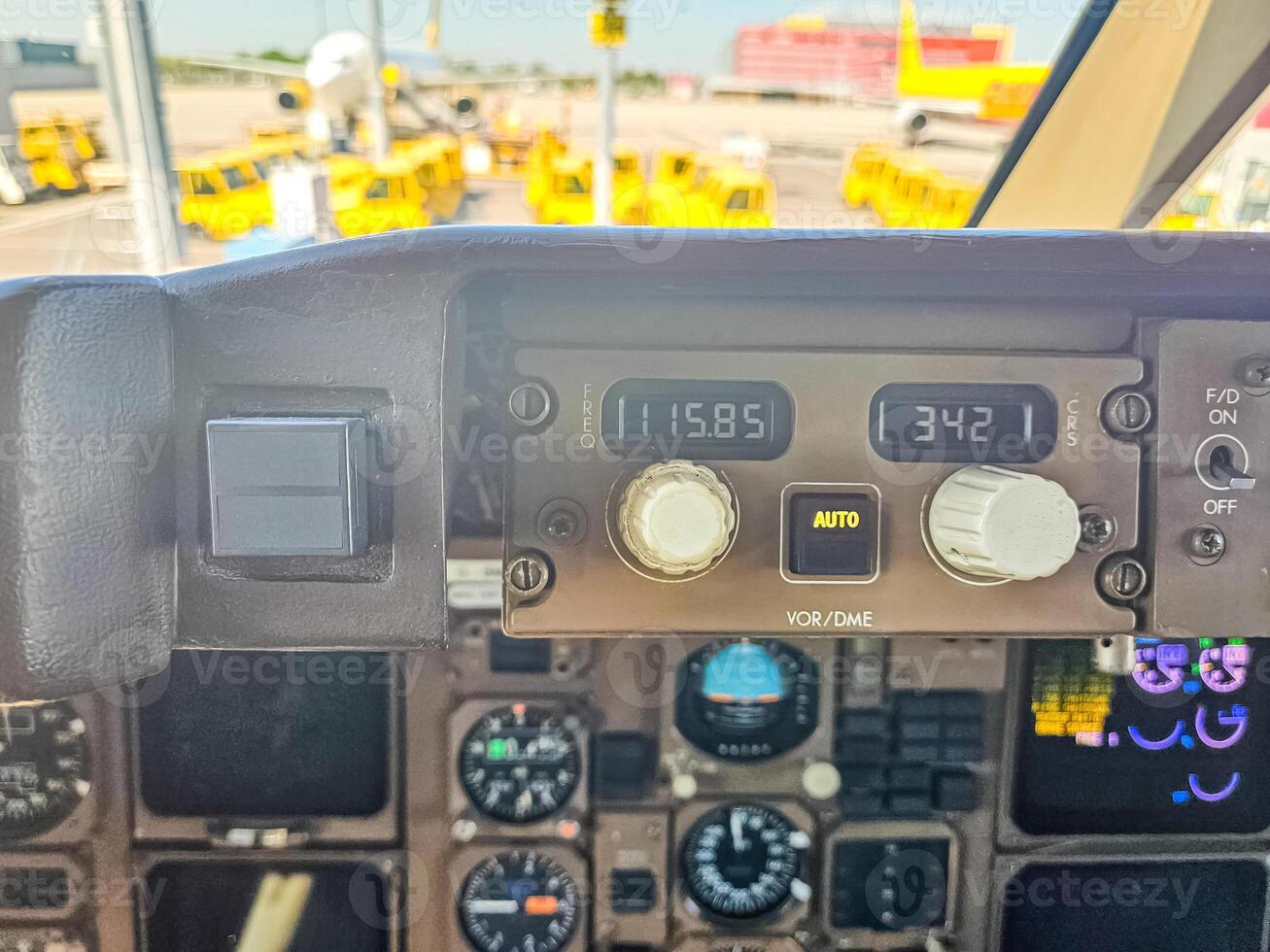 Cockpit pilot Flight Deck display. Throttle jet cabin with control panel plane.. High quality photo