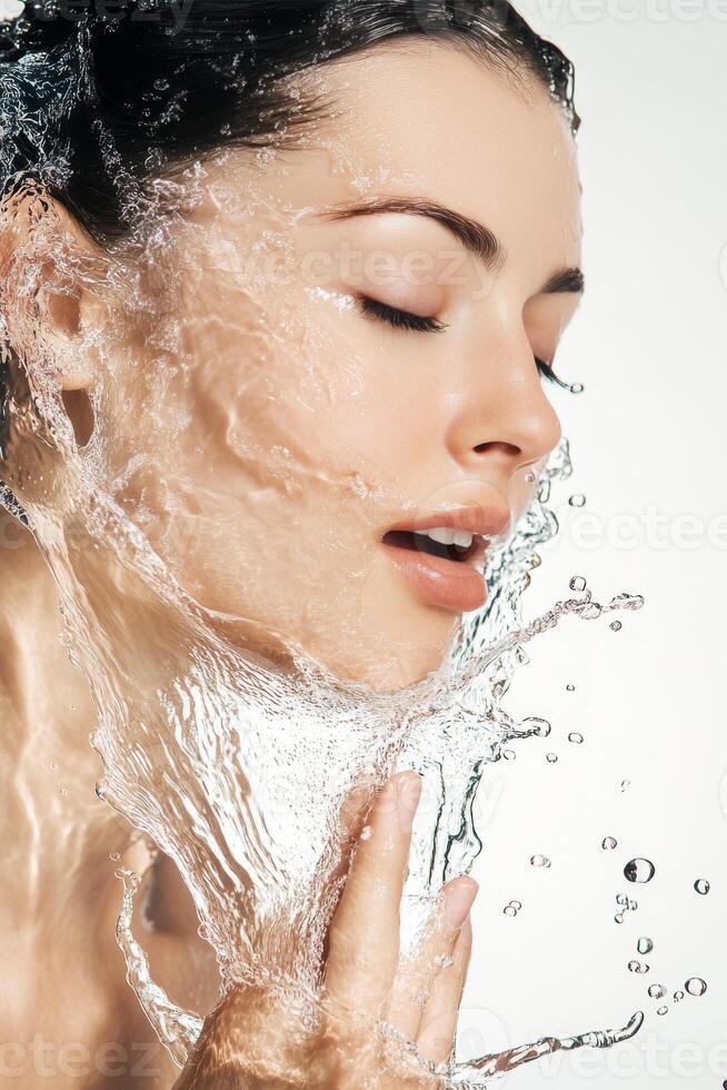 Serene moment of refreshment as a woman splashes water on her clean face against a soft white backdrop photo