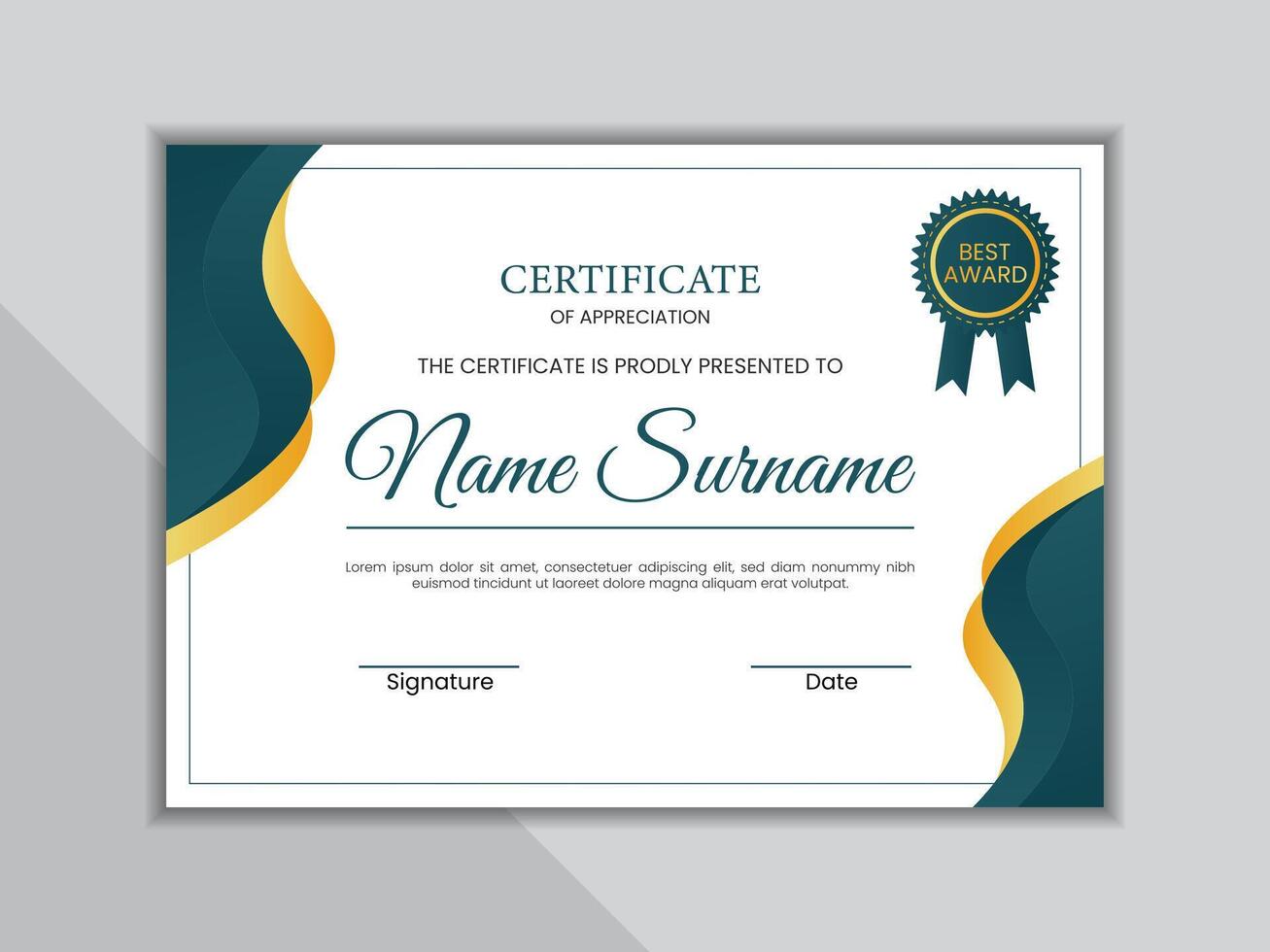 Blue and gold certificate template with badge. vector