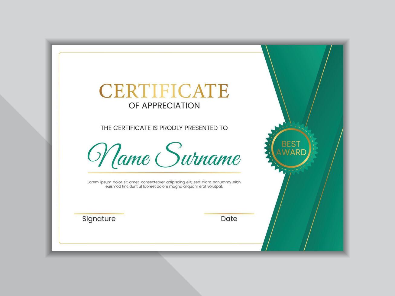 Green and gold certificate template with badge. vector
