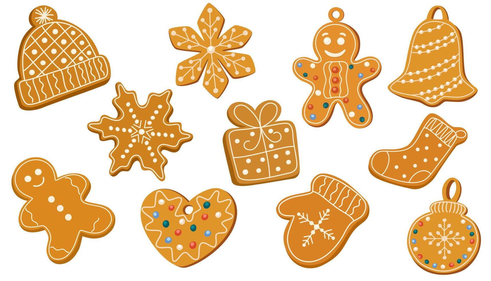 Christmas gingerbread, holiday cookies. Xmas ginger bread, biscuits coated with sugar icing, sweet glaze. Festive traditional bakery, dessert. Flat illustration isolated on white background vector