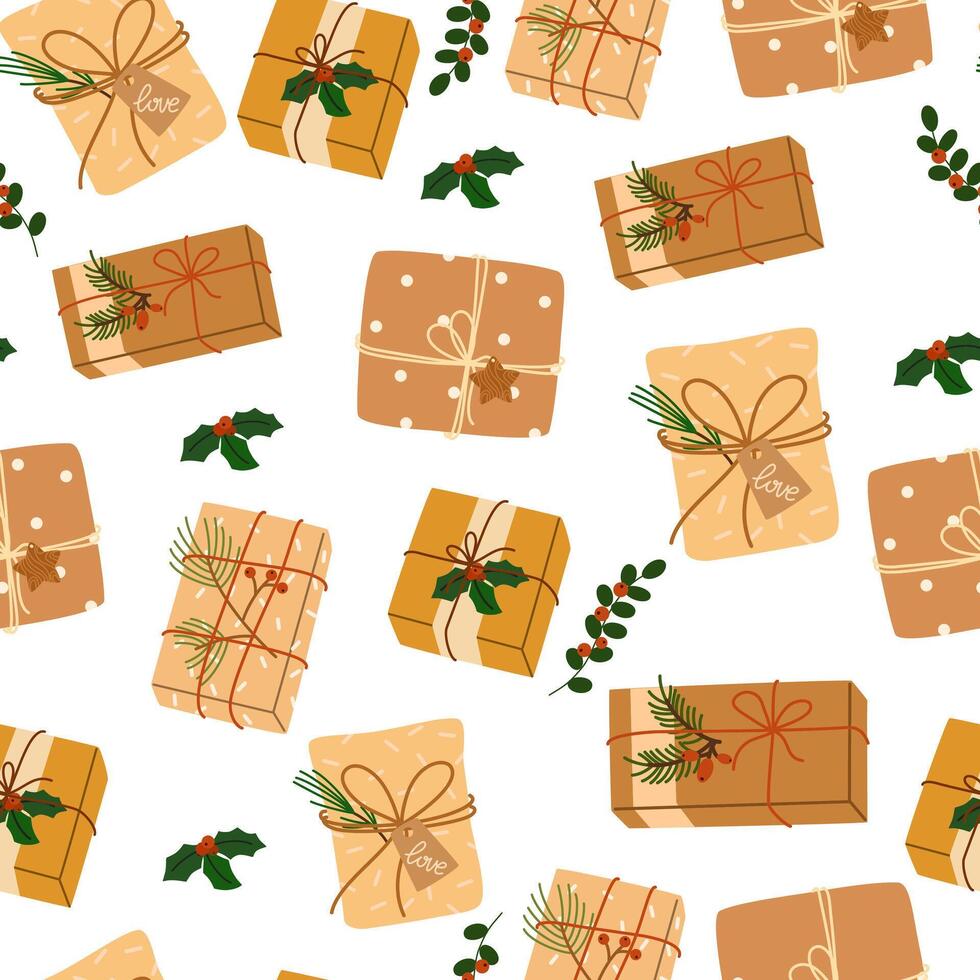 Christmas gifts pattern. Seamless background with Xmas present boxes in brown paper, kraft wrapping. Holiday craft surprises repeating print, texture design. Flat illustration for decoration vector