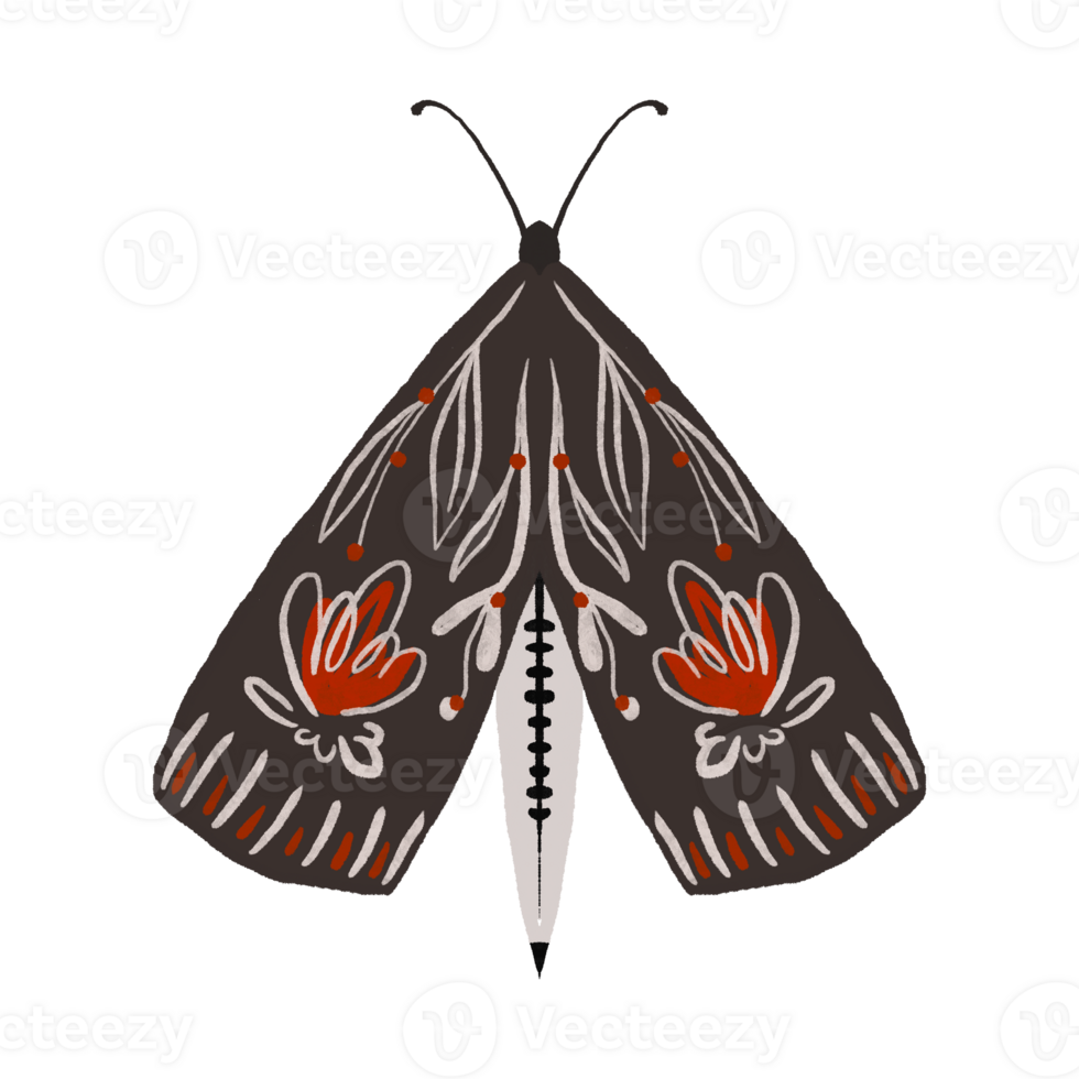 Butterfly with black wings and red flowers on them. Night moth. Spring design with insects and leaves and flowers. Background for decor, printing, textile and wrapping paper png