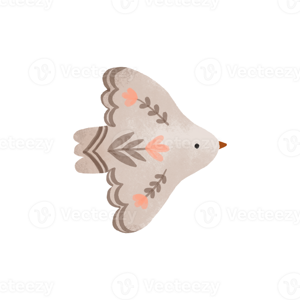 Dove with decorative patterns with flowers and leaves on wings. Symbol of peace. Bird of peace. Cartoon hand drawn illustration on isolated background png