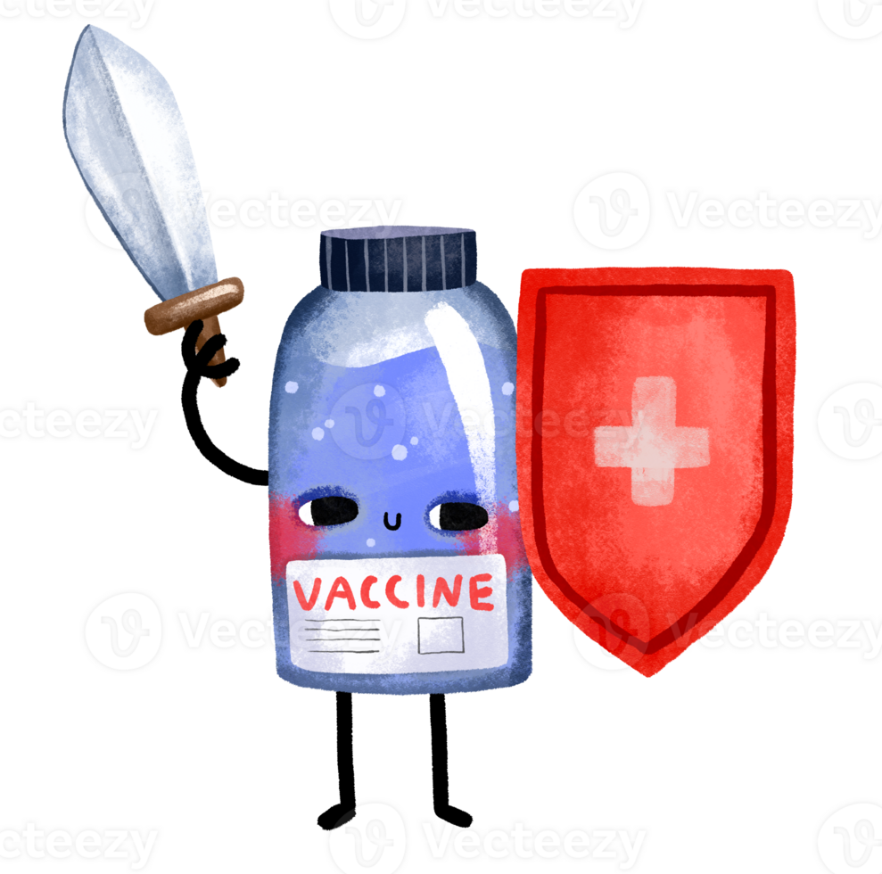 Vaccine with shield and sword. Cartoon hand drawn illustration on isolated background. png