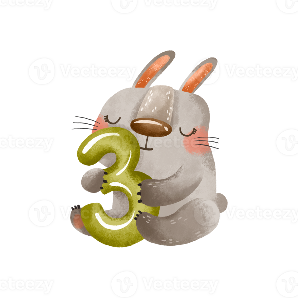 Bunny rabbit with number 3. Number tree. Cute baby month anniversary card with numbers and animals, months, hand drawn illustration on isolated bcakground. png