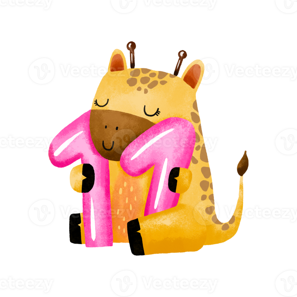 Giraffe with number 11. Number eleven. Cute baby month anniversary card with numbers and animals, months, hand drawn illustration on isolated bcakground. png