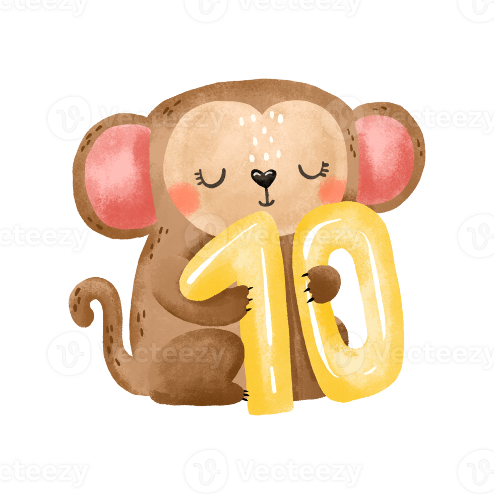 Monkey with number 10. Number ten. Cute baby month anniversary card with numbers and animals, months, hand drawn illustration on isolated bcakground. png