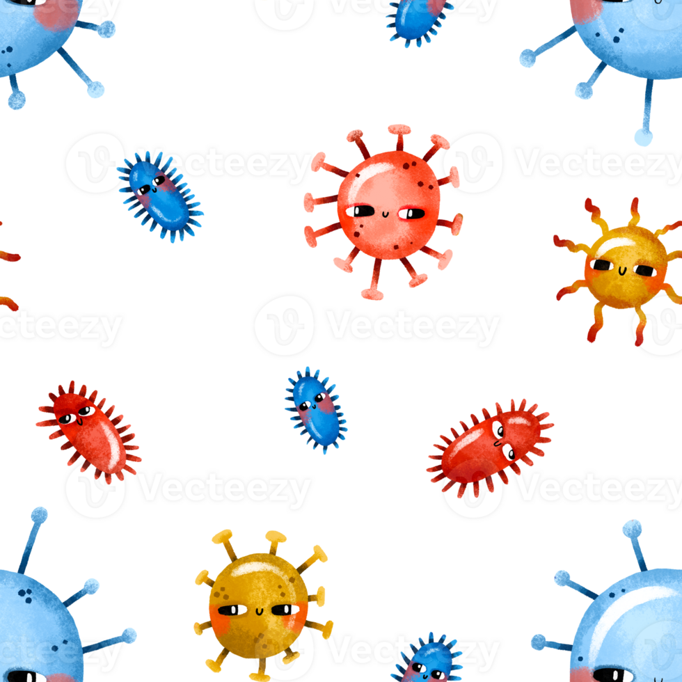 Seamless pattern with viruses and germs. Children's characters. Quarantine and pandemic. Background for children's room, textiles, wrapping paper png