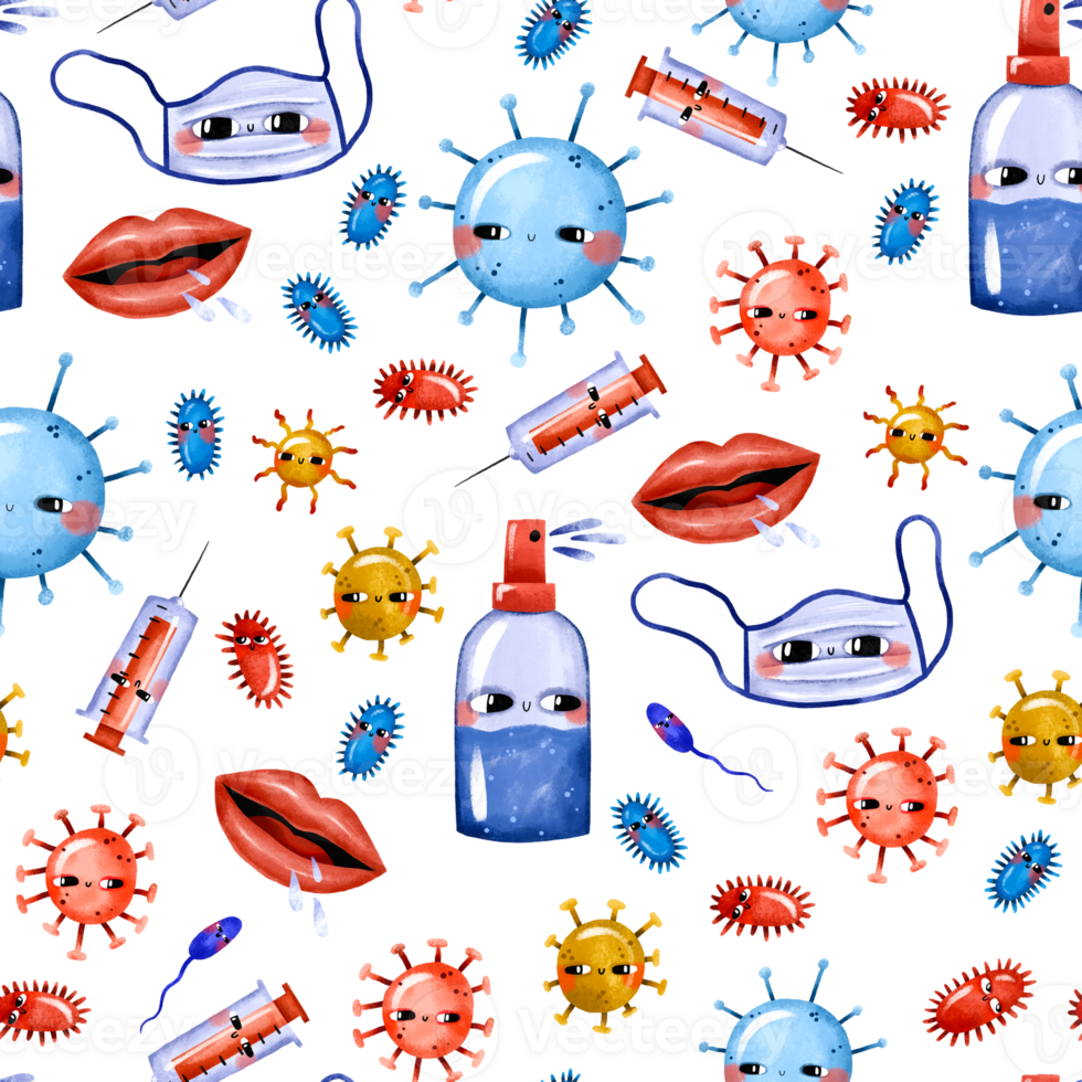 Seamless pattern with medical syringes, germs, face mask. Quarantine and pandemic. Background for children's room, textile, wrapping paper png