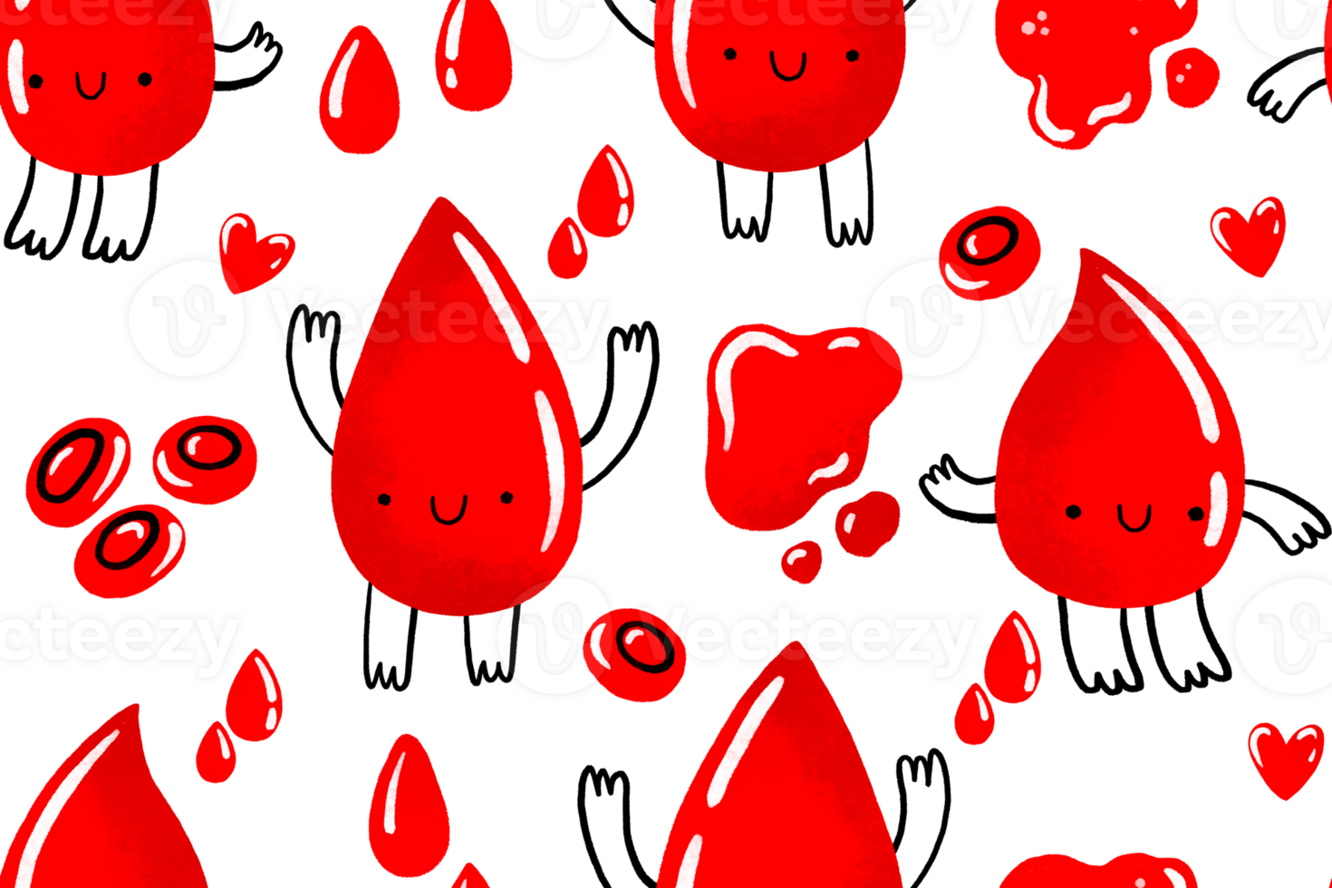 Seamless pattern with cartoon blood drops. Blood donor day. Cartoon illustration on isolated background. png