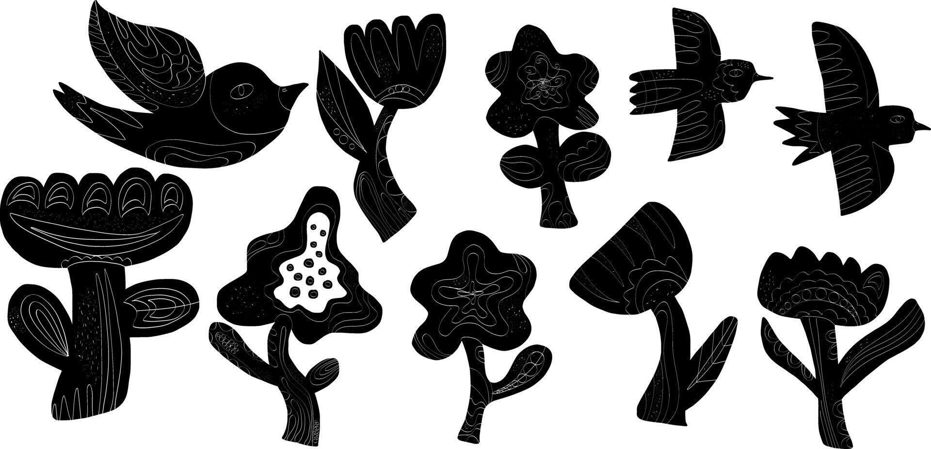 a set of black and white silhouettes of flowers and birds vector