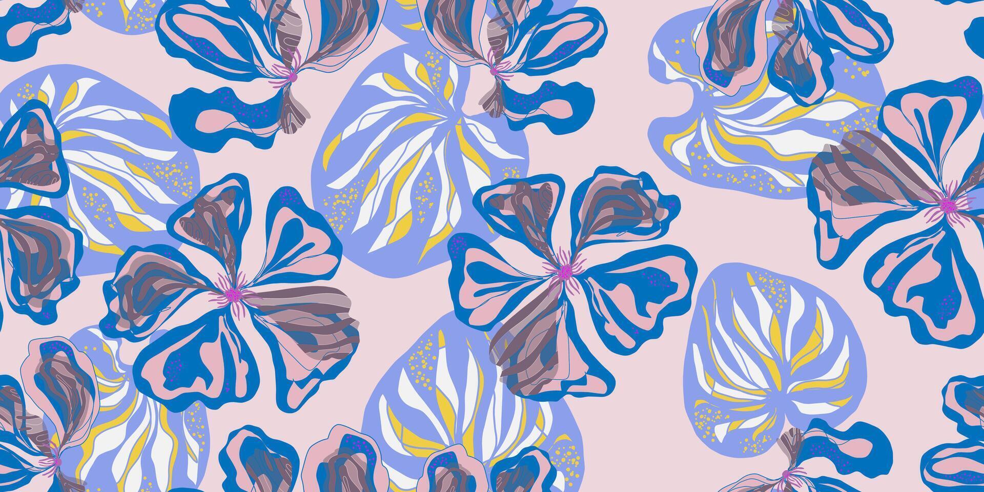 a pattern with blue and purple flowers on a pink background vector