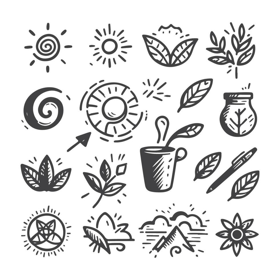 Hand Drawn Nature and Sun Elements Illustration Set vector