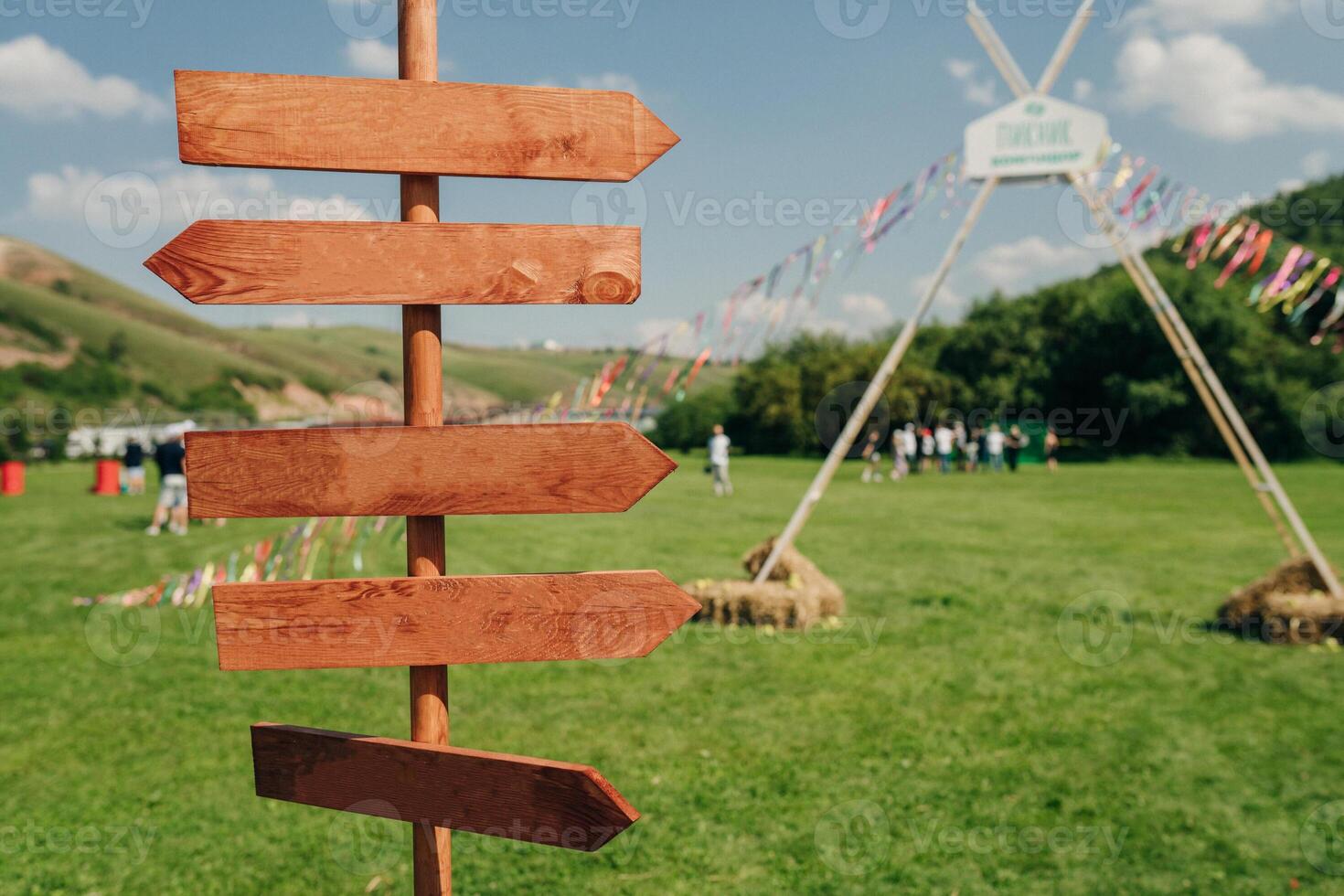 Empty Wooden Signpost on Field photo