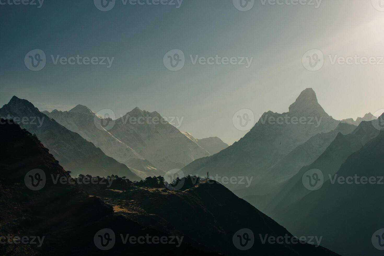 panorama view of Mount Everest massif Nuptse, Lhotse and Ama Dablam from Namche Bazar, Himalayas, Nepal. photo