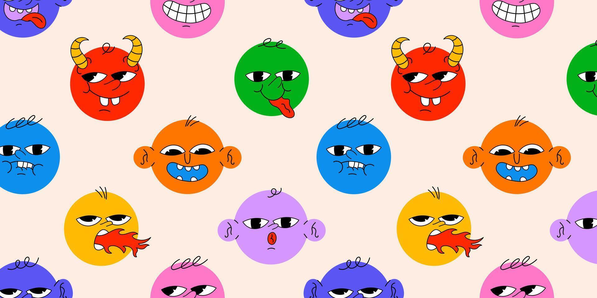Round abstract comic Faces with various Emotions. Different colored characters. Cartoon style. Flat design. Hand drawn trendy seamless Pattern. Background, wallpaper vector