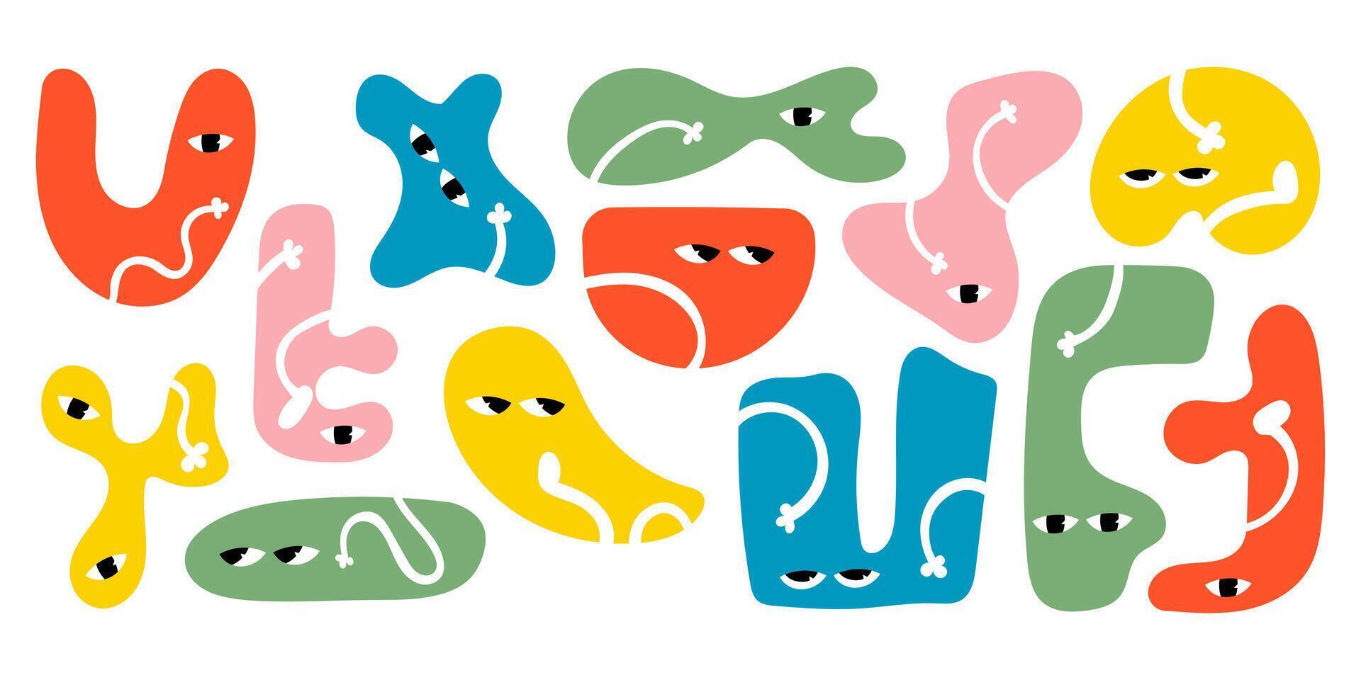 Abstract cute funny characters set. Comic shapes, abstract figures of different shapes with eyes. Childish flat illustrations isolated on white background. stock illustration vector