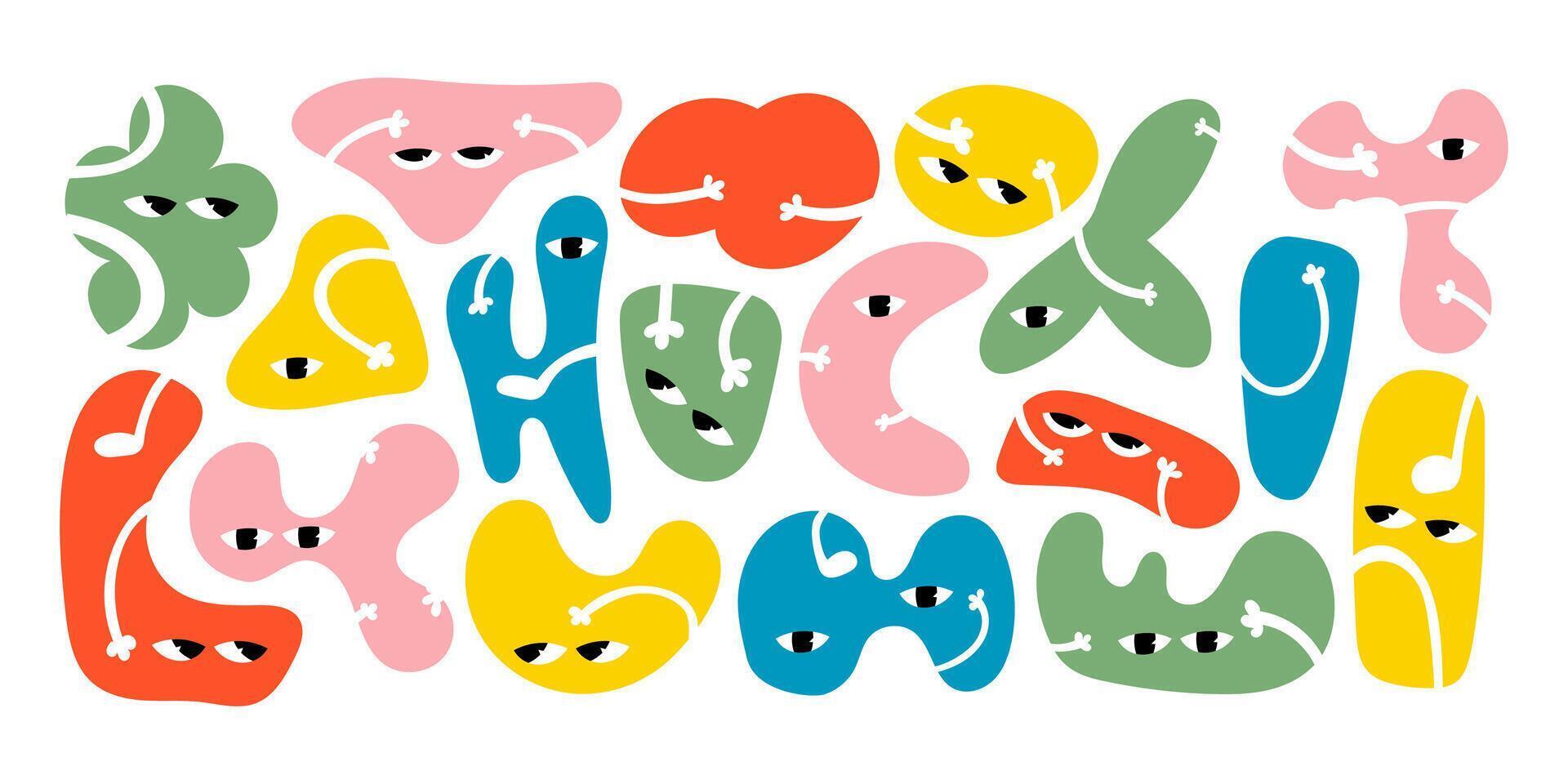 Set of abstract character figure. Geometric shape with comic face in y2k style. Funny child figure. Doodle flat illustration for kids. collection with face emotions. vector