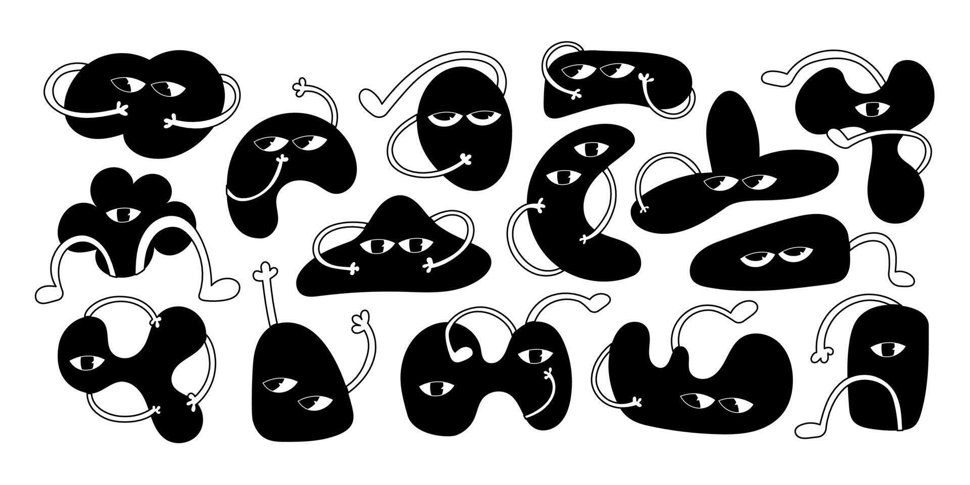 Set of Various black and white Doodle shapes with face emotions. Different figures. Hand drawn trendy illustration for kids. Cute funny characters. All elements are isolated vector