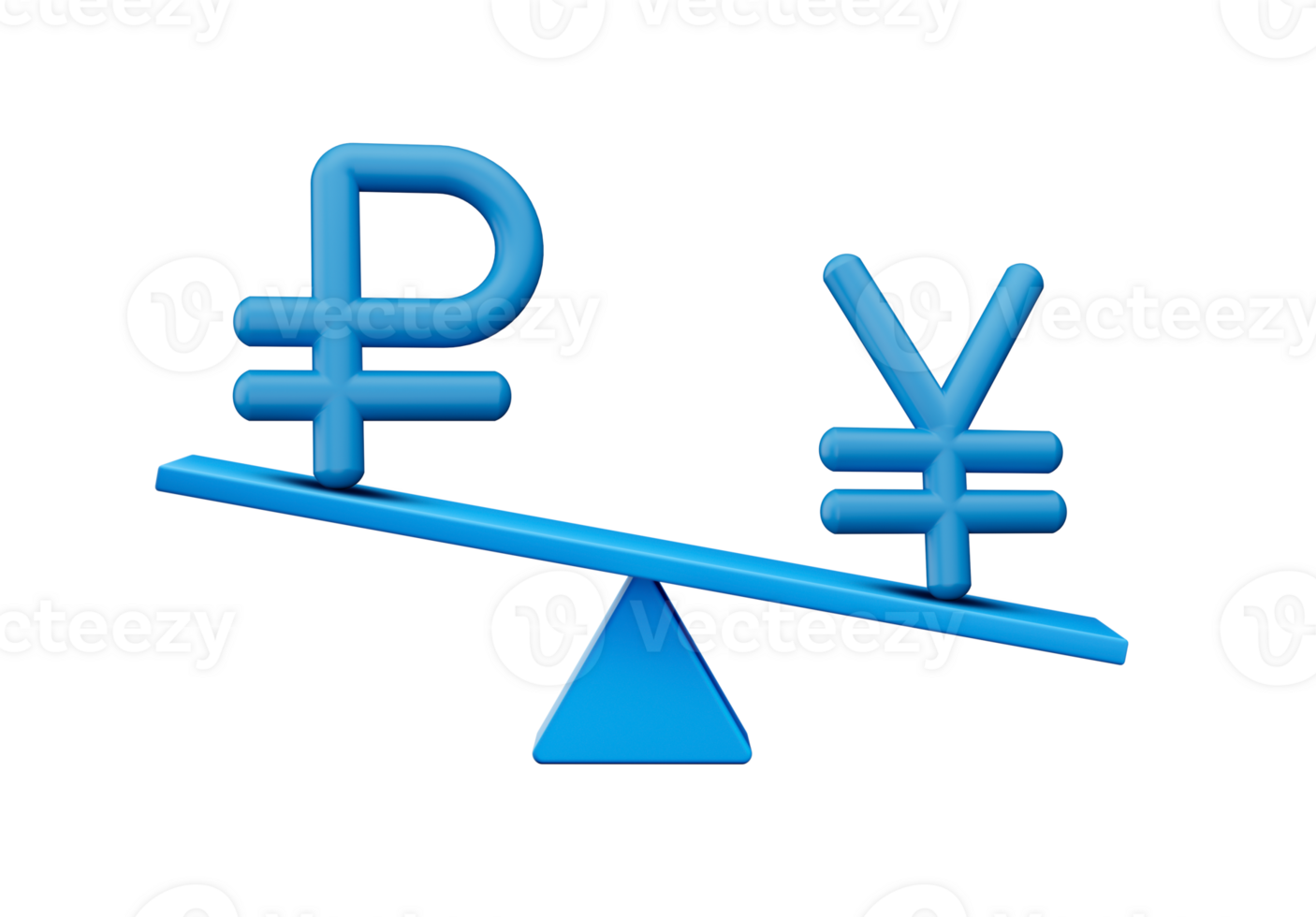 3d Blue Ruble And Yen Symbol Icons With 3d Blue Balance Weight Seesaw, 3d illustration png