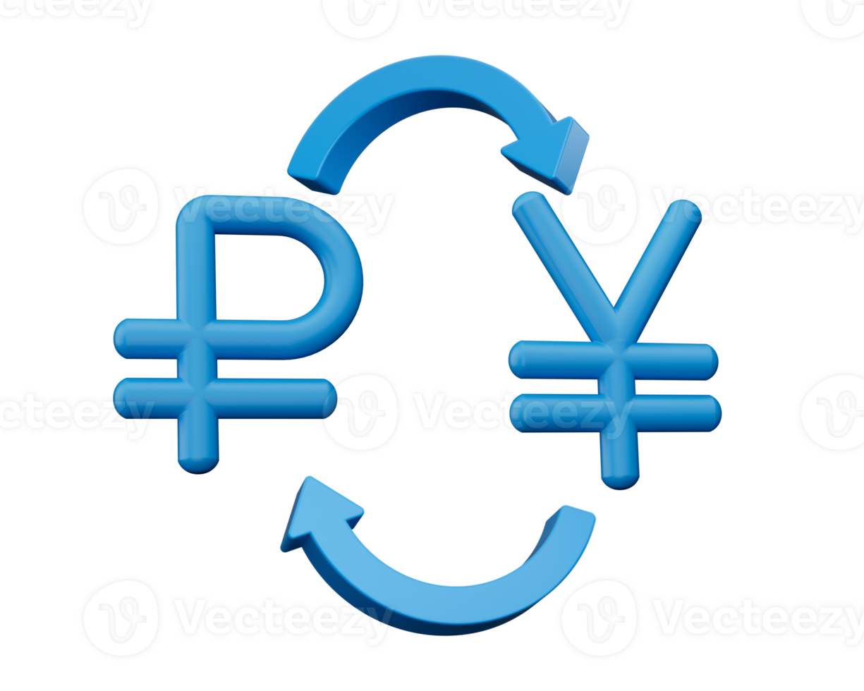 3d Blue Ruble And Yen Symbol Icons With Money Exchange Arrows, 3d illustration png