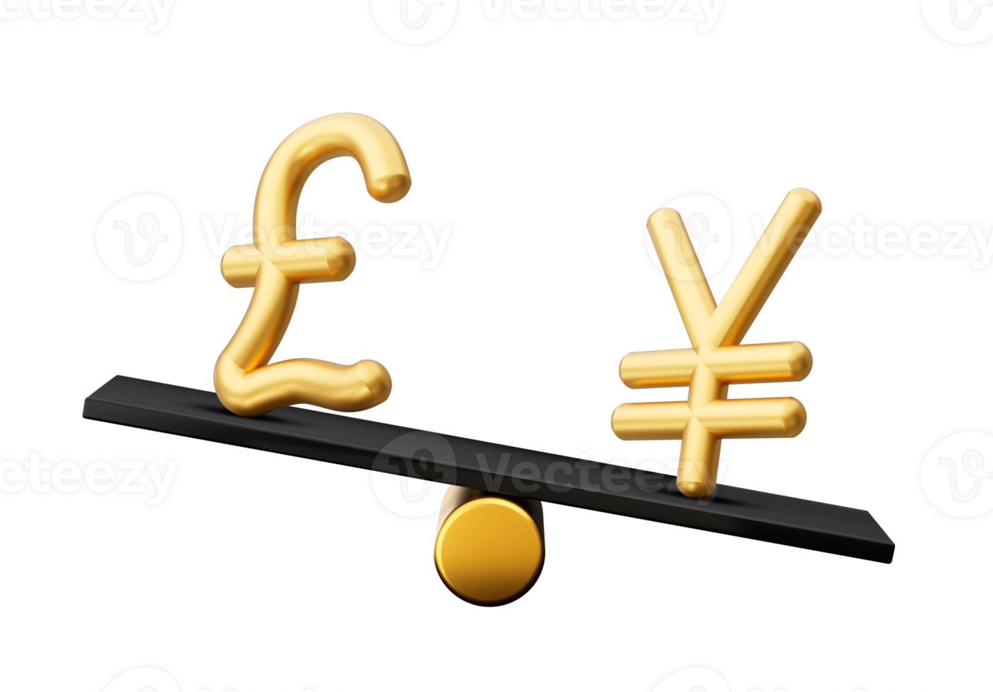 3d Golden Pound And Yen Symbol Icons With 3d Black Balance Weight Seesaw, 3d illustration png