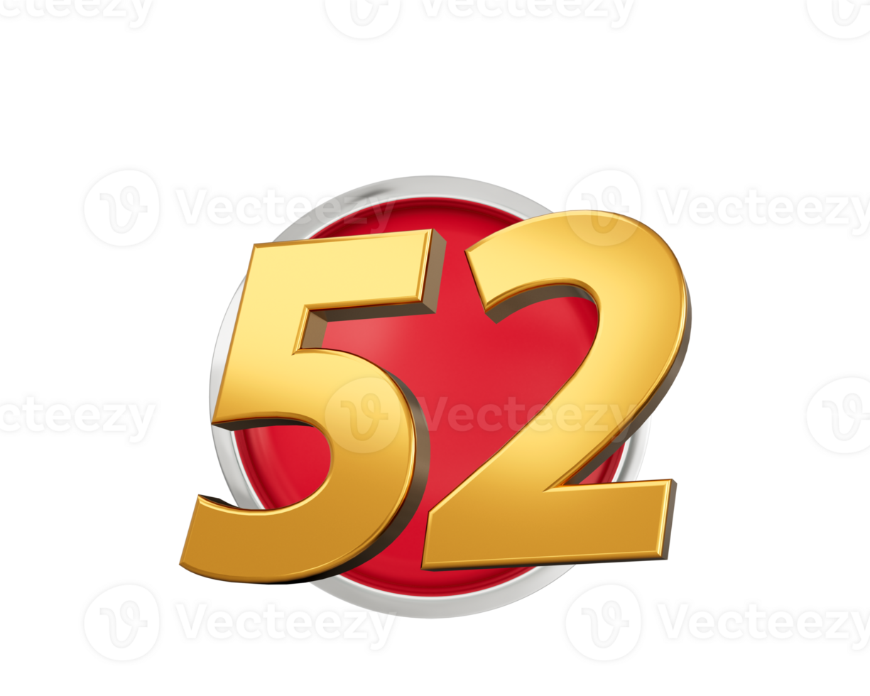 Gold Number 52 Gold Number Fifty Two On Rounded Red Icon, 3d illustration png