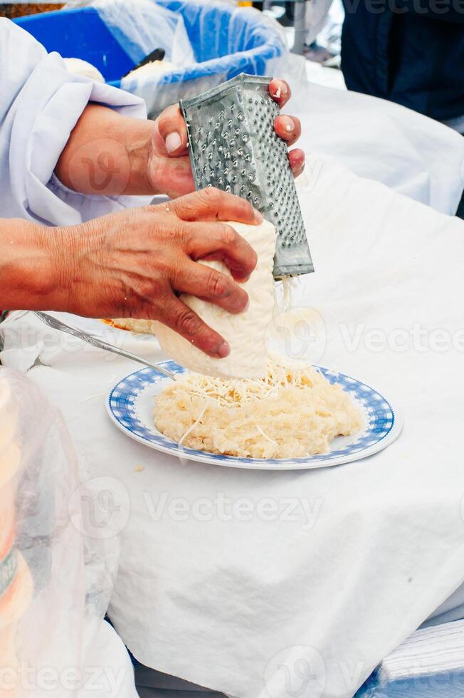 Woman preparing cheese for cook using cheese grater in the kitchen photo