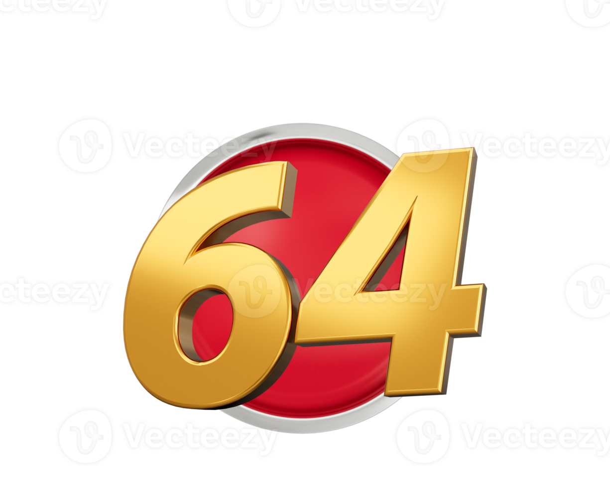 Gold Number 64 Gold Number Sixty Four On Rounded Red Icon, 3d illustration png