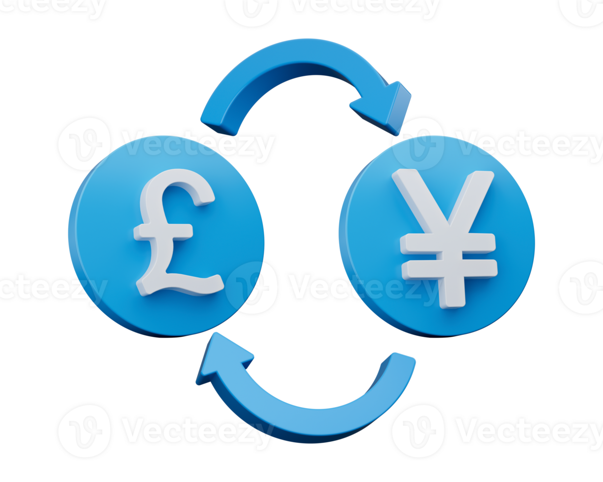 3d White Pound And Yen Symbol On Rounded Blue Icons With Money Exchange Arrows, 3d illustration png