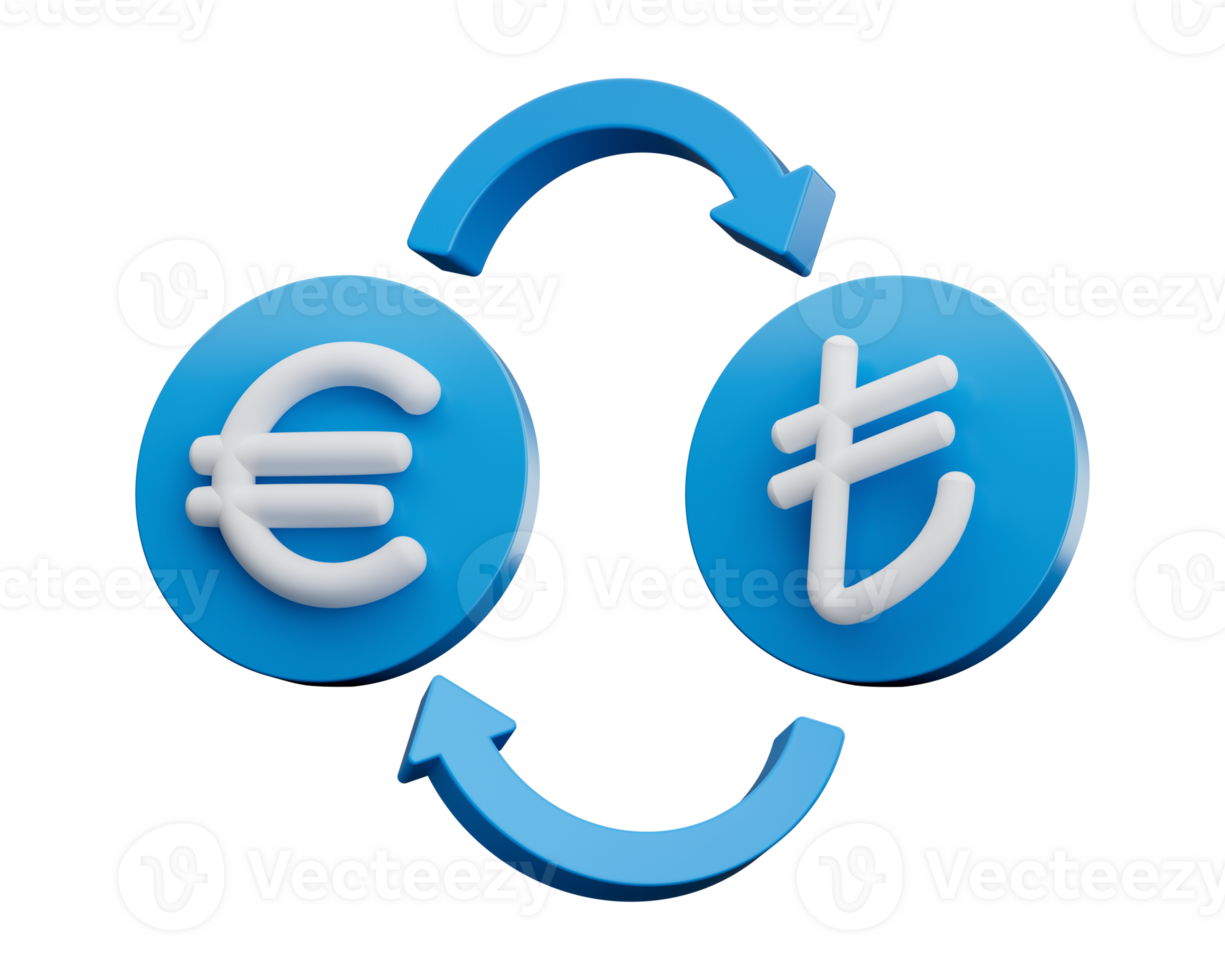 3d White Euro And Lira Symbol On Rounded Blue Icons With Money Exchange Arrows, 3d illustration png