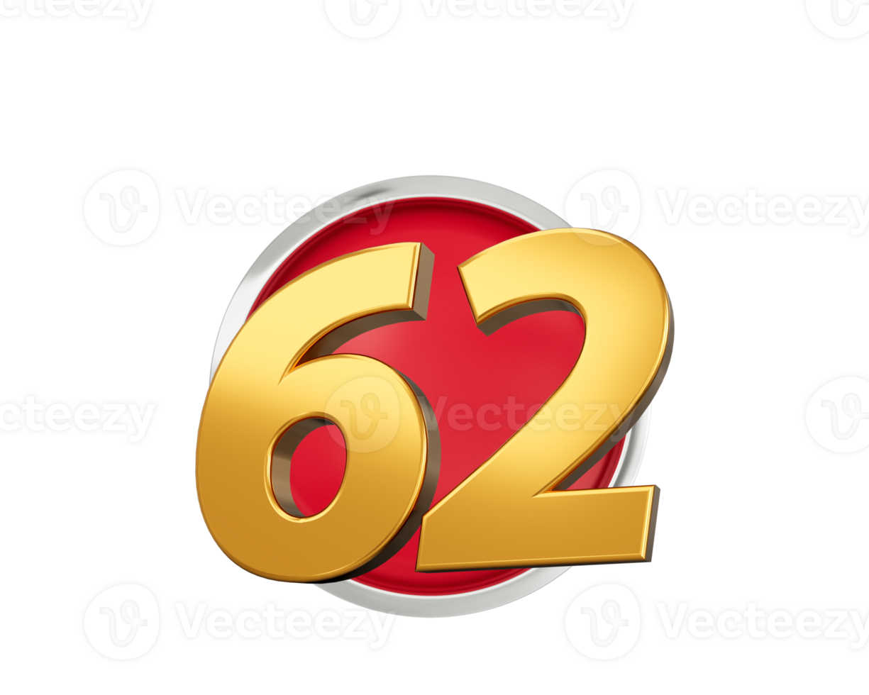 Gold Number 62 Gold Number Sixty Two On Rounded Red Icon, 3d illustration png
