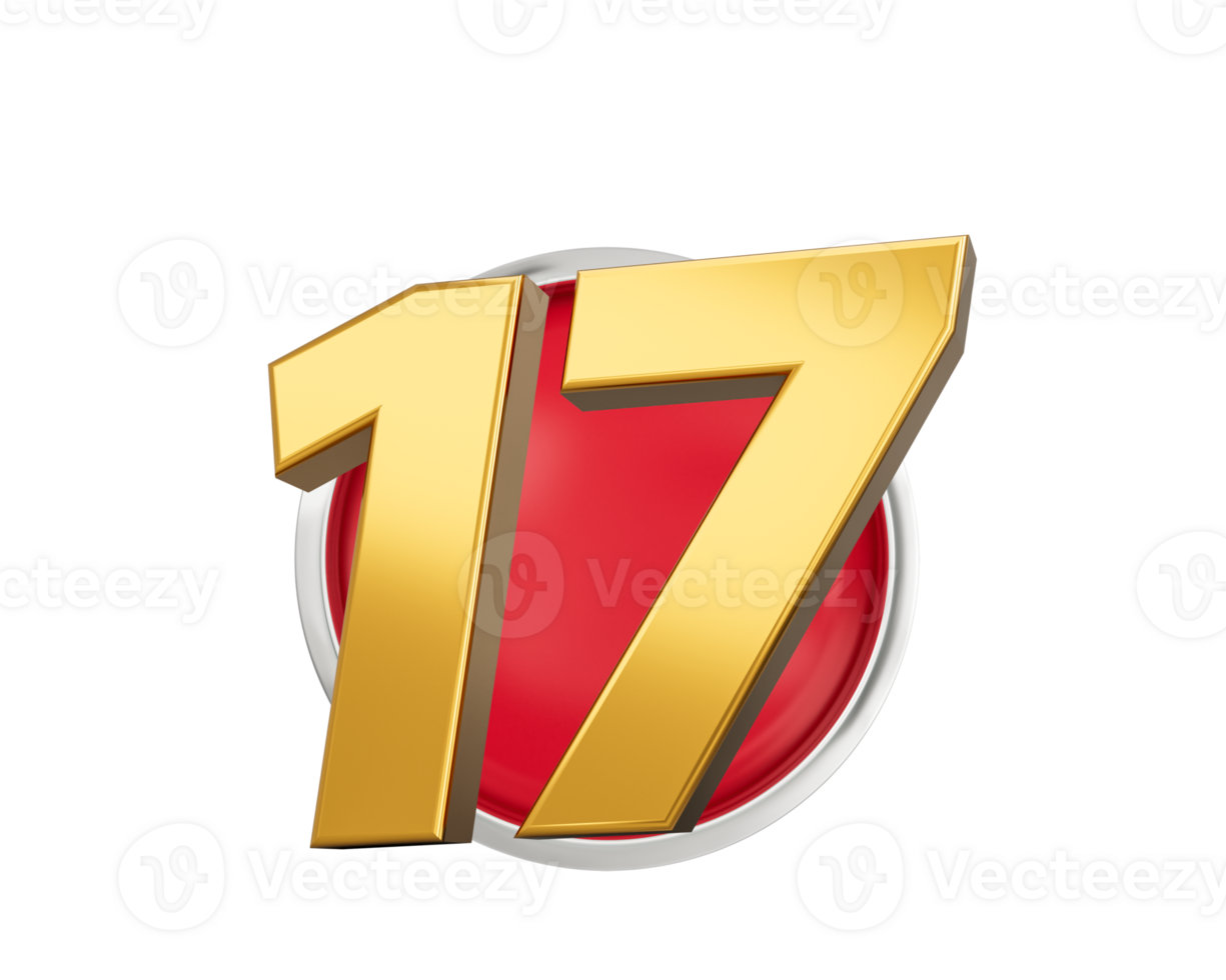 Gold Number 17 Gold Number Seventeen On Rounded Red Icon, 3d illustration png