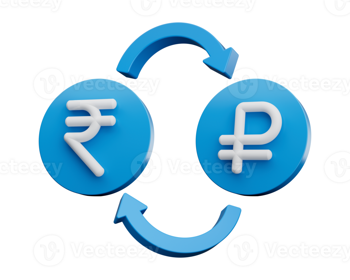 3d White Rupee And Ruble Symbol On Rounded Blue Icons With Money Exchange Arrows, 3d illustration png
