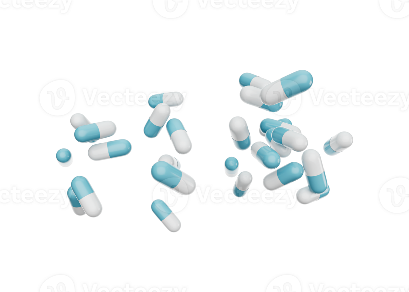 3d Blue And White Pharmaceutical Antibiotic Capsules Scattered In The Air, 3d Illustration png