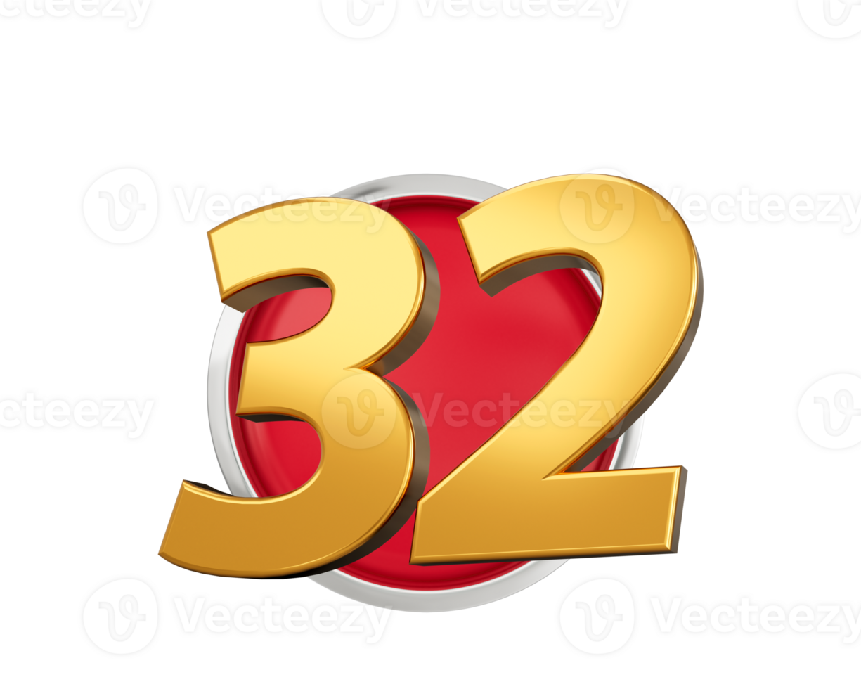 Gold Number 32 Gold Number Thirty Two On Rounded Red Icon, 3d illustration png