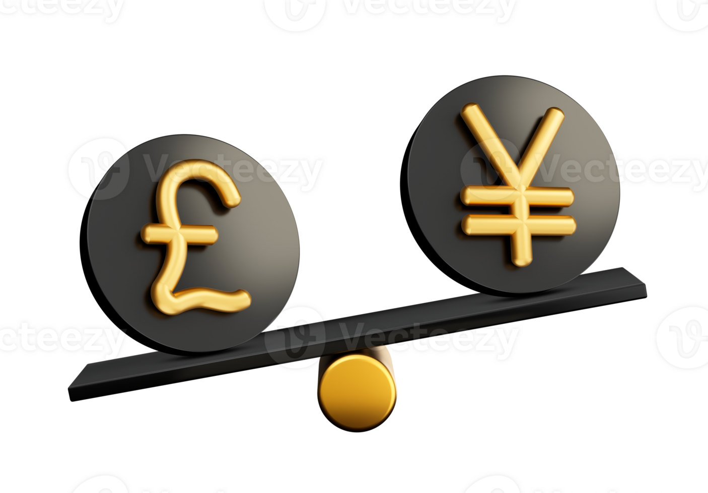 3d Golden Pound And Yen Symbol On Rounded Black Icons With 3d Balance Weight Seesaw 3d illustration png