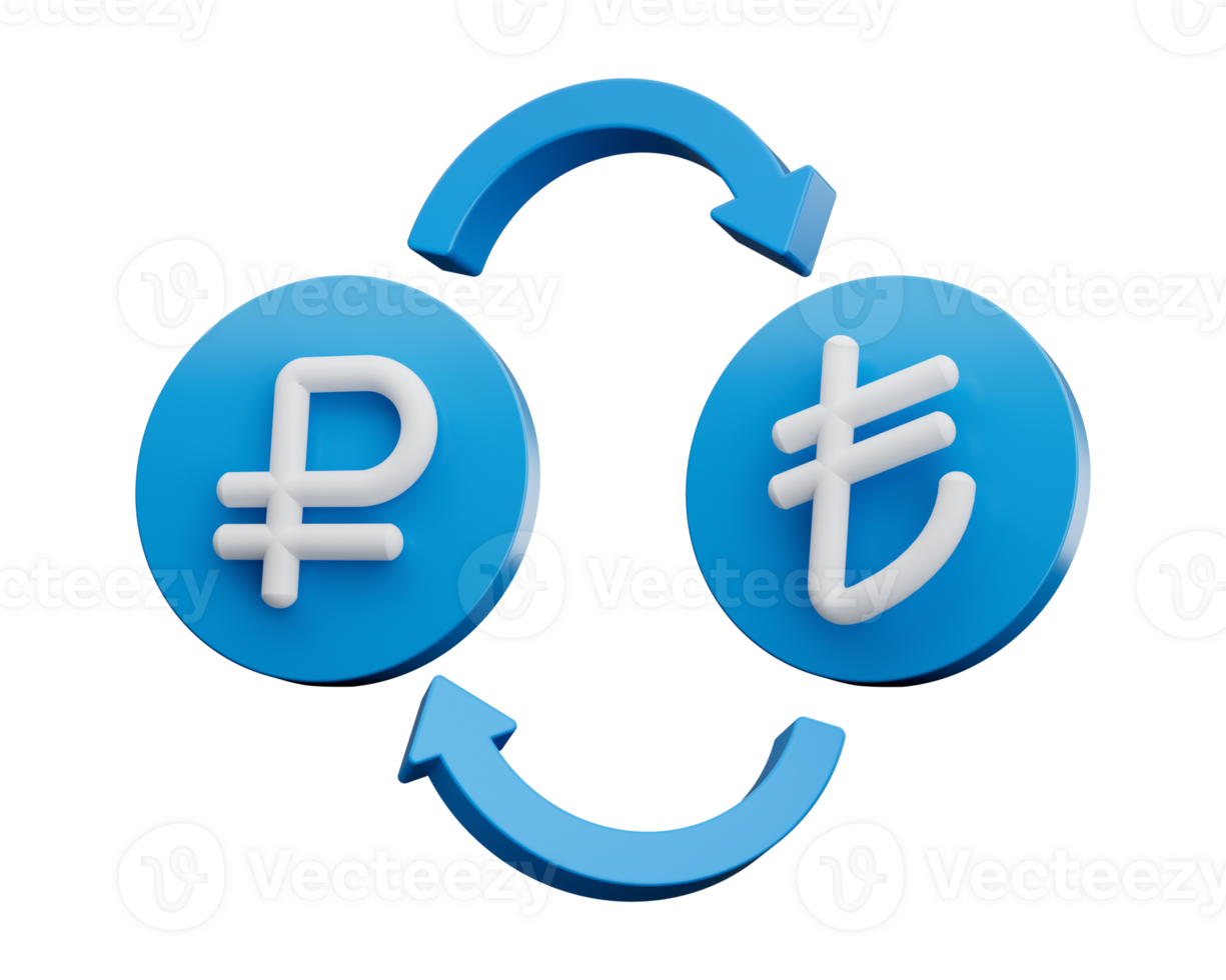 3d White Ruble And Lira Symbol On Rounded Blue Icons With Money Exchange Arrows, 3d illustration png