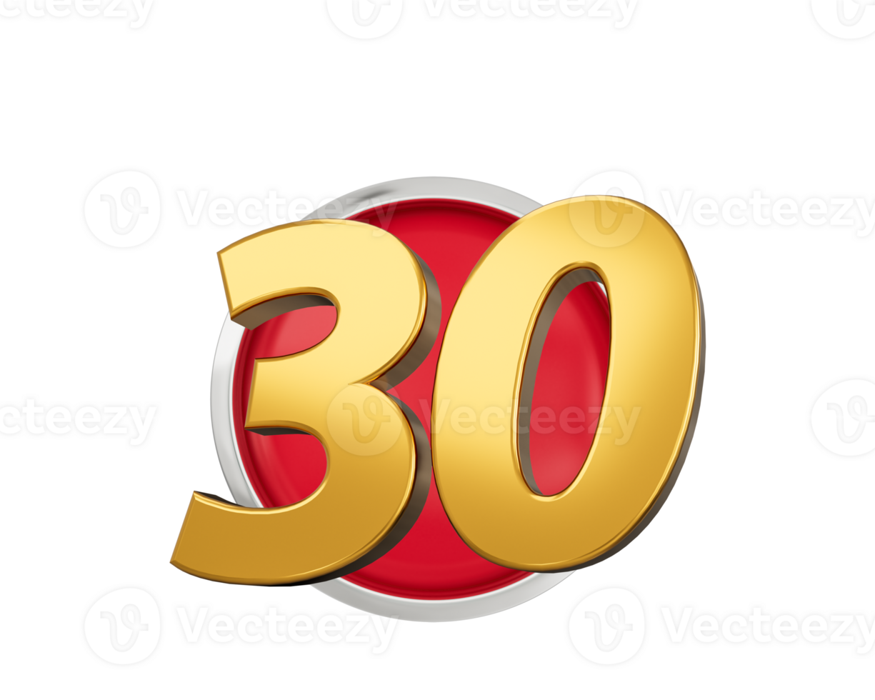 Gold Number 30 Gold Number Thirty On Rounded Red Icon, 3d illustration png