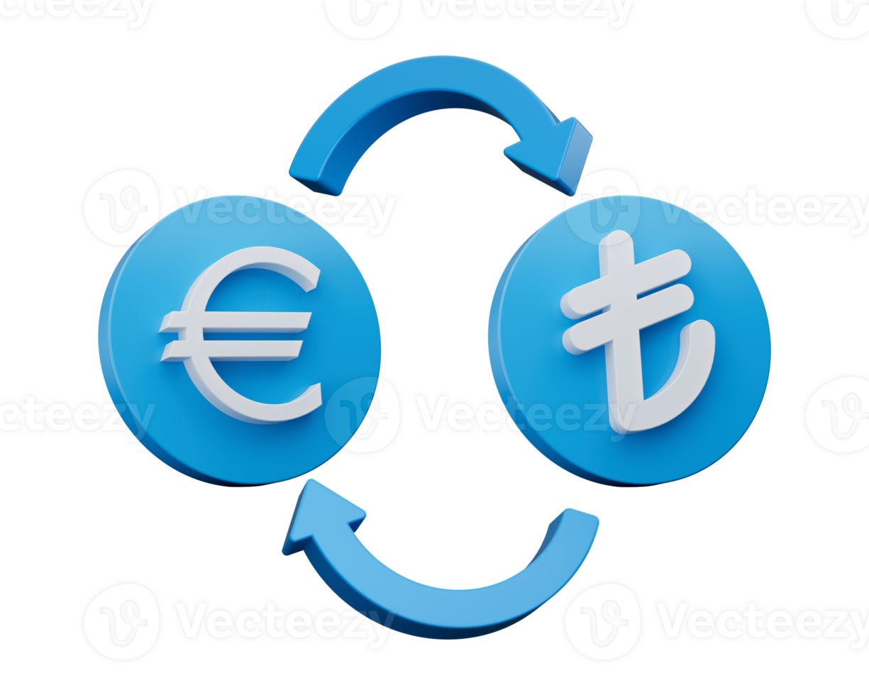 3d White Euro And Lira Symbol On Rounded Blue Icons With Money Exchange Arrows, 3d illustration png