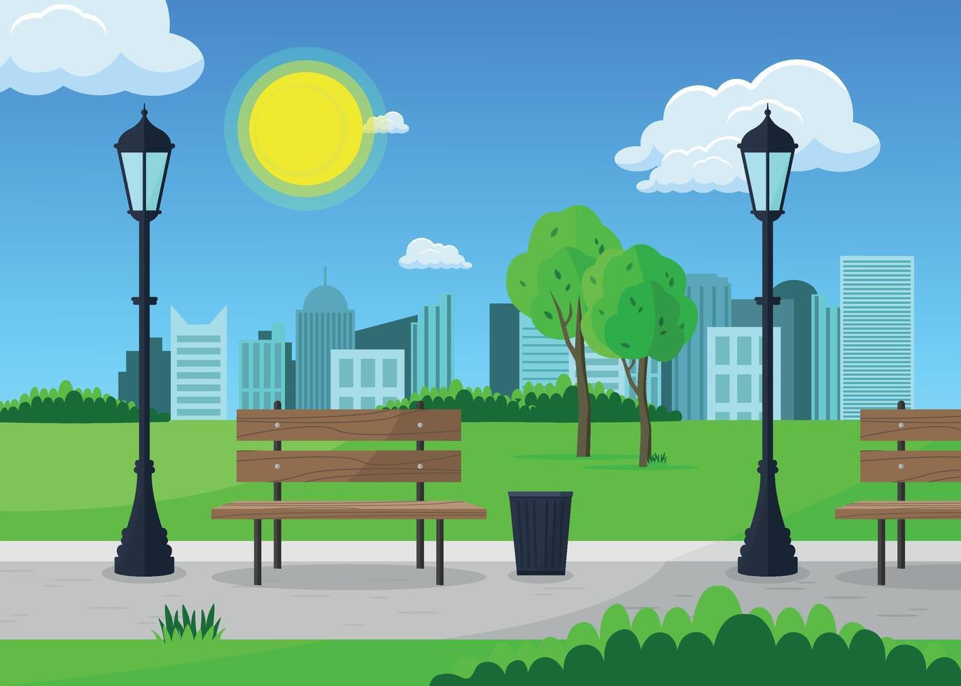 City park with benches and street lamps on the background of buildings. vector