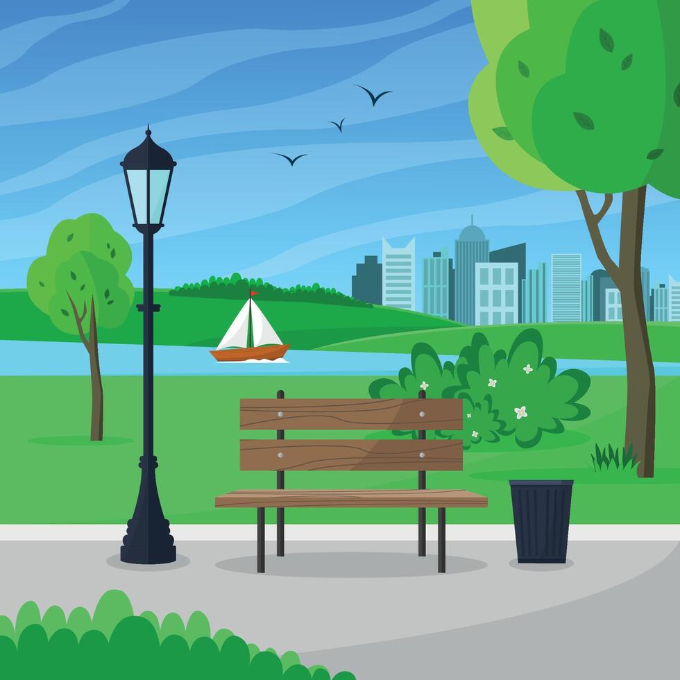 City park with bench and street lamp. Park concept with lake and sailboat. vector