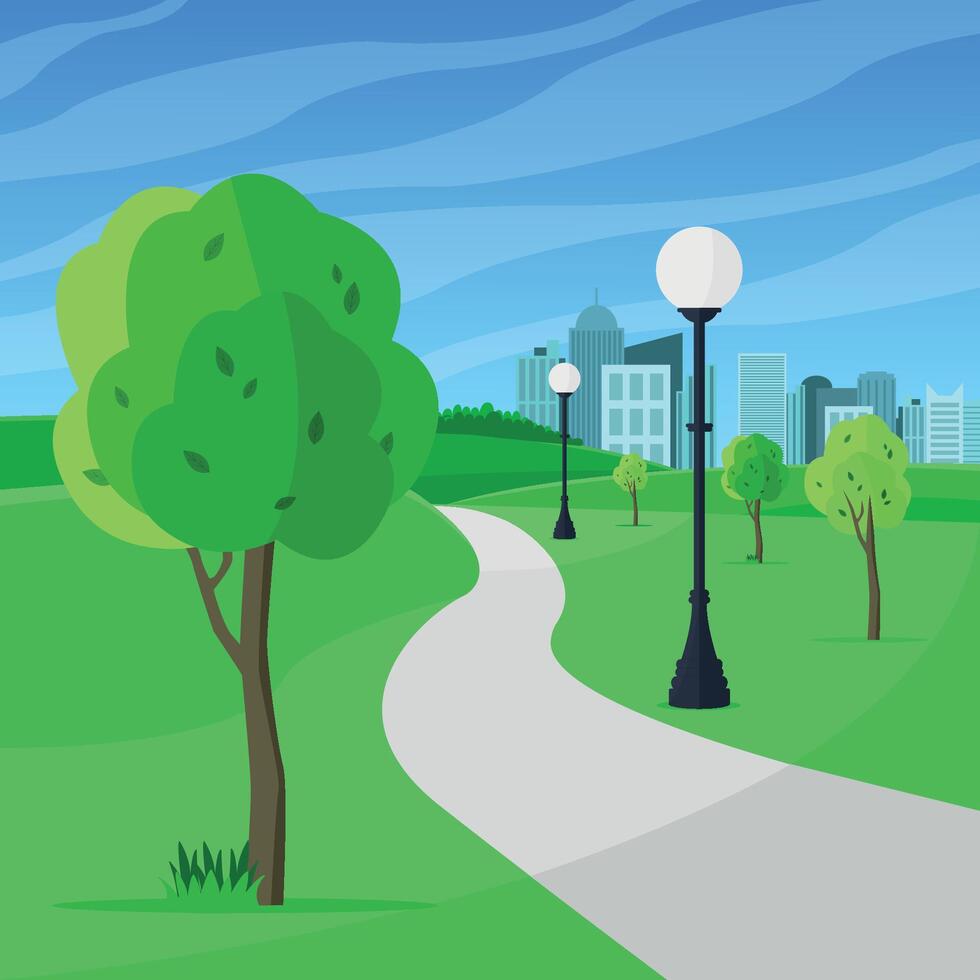 City park for walks and recreation. City landscape with lanterns, road and trees. vector