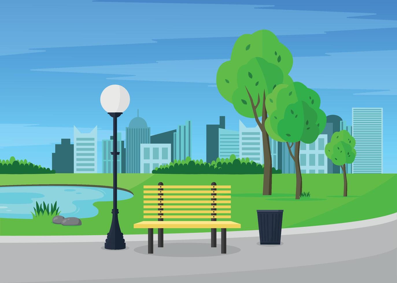 City park with bench, lamppost and pond. Concept of rest and walks. vector