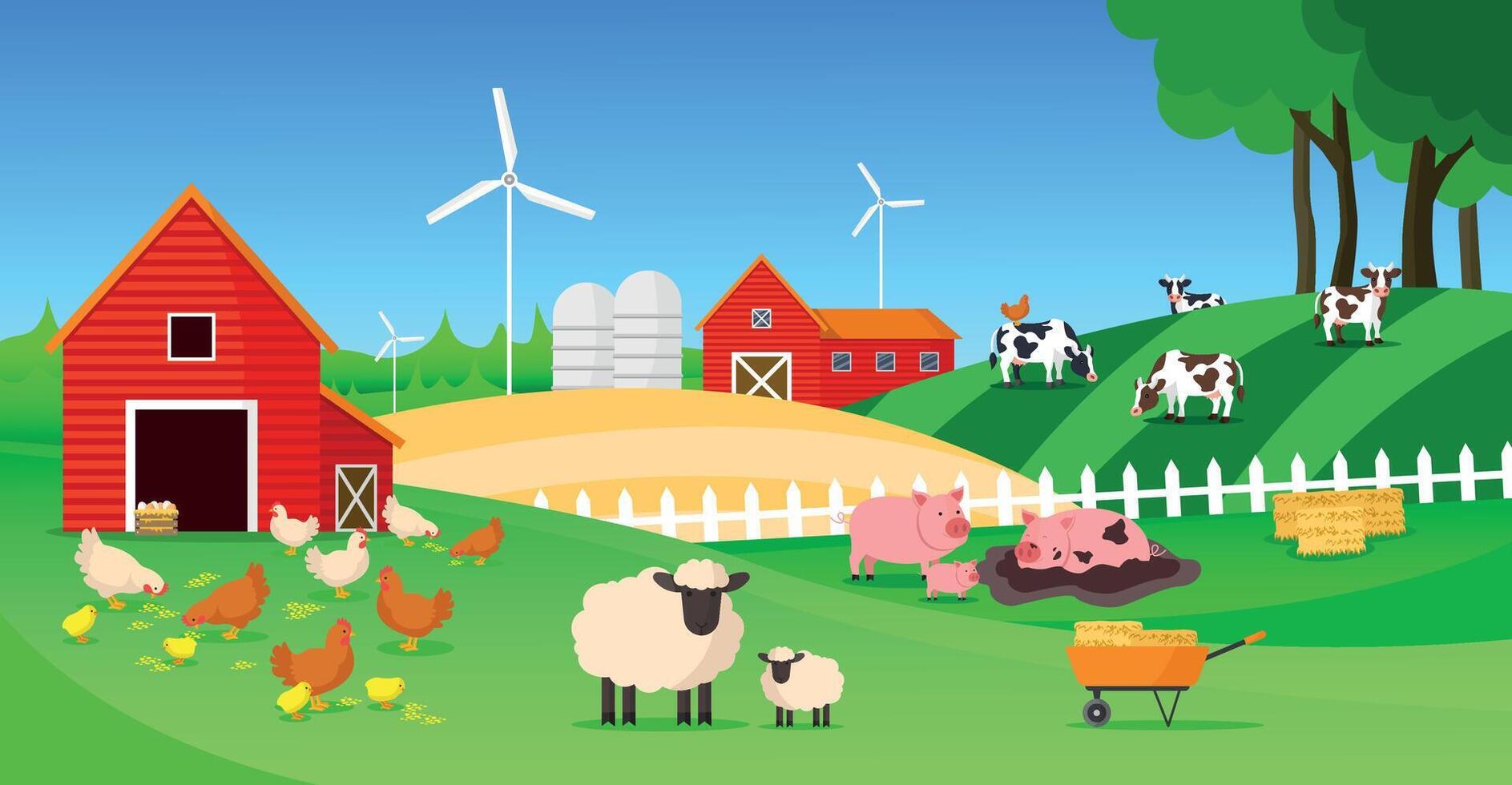 Farm landscape with cows, pigs, sheep and chickens. vector