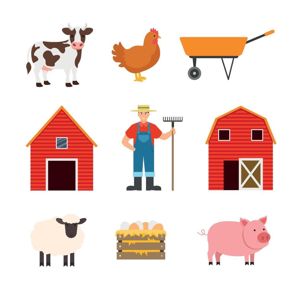 Flat icons of farm animals. Farmer, barns, cow, pig, sheep, chicken, eggs and wheelbarrow. vector
