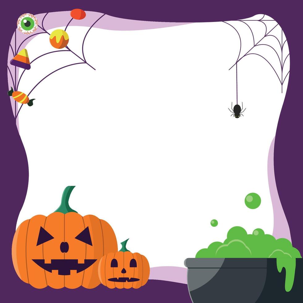 Halloween frame with pumpkins, spiders, sweets and potion. vector